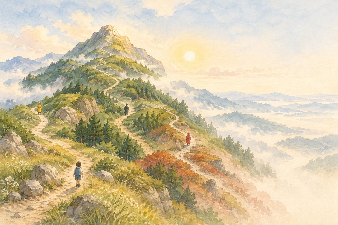 一つの山に、いくつもの道がのびている絵