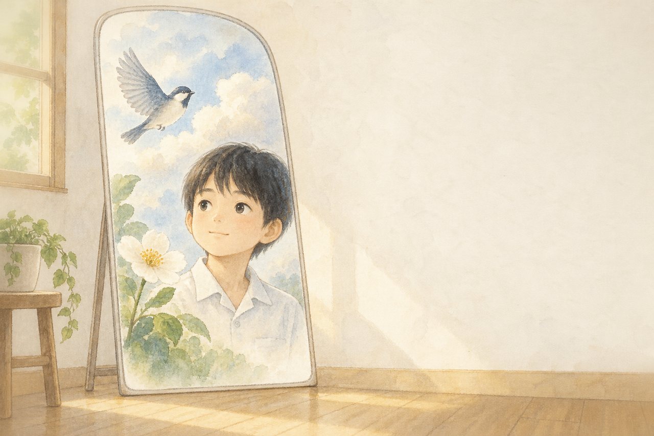 ⑫ 鏡は 自分の顔を 見られない